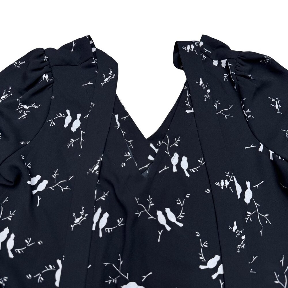 Loft Women's Black White Bird Pattern Puff Sleeve Blouse Top, Size XSP - Picture 4 of 9